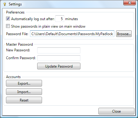 MyPadlock Free Password Manager Software settings window